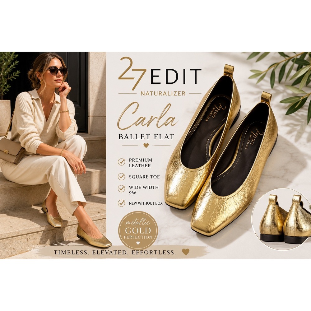 NEW 27 EDIT Naturalizer Carla Gold Metallic Leather Ballet Flats Square Toe 9W